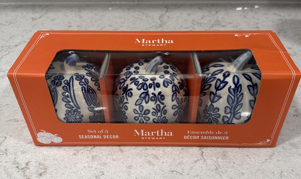 Set 3 BLUE WHITE Martha Stewart 4” Mini Pumpkins FALL Halloween Thanksgiving NIB
